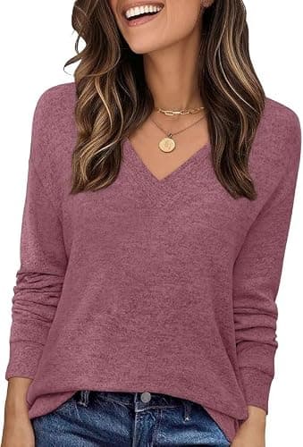 JUSTFASHIONNOW Women's Long Sleeve Tops V Neck Winter Shirts Boutique Tops for Women Trendy Blouses Dressy Casual T Shirts Fashion Winter Clothing (Wine Red,Small) - Thumbnail 2