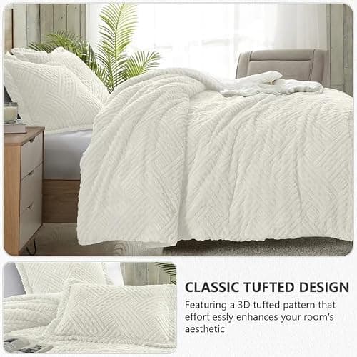 Homelike Moment Fluffy King Size Comforter Set - Cream White Fleece Warm Marshmallow Comforter for Winter, Luxury Fuzzy Sherpa King Bed Set 3 Piece - Thumbnail 3
