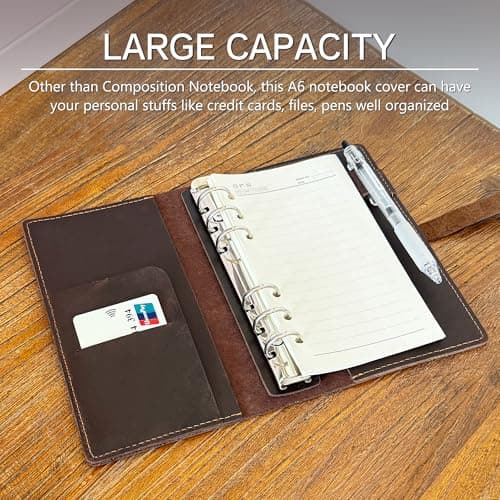 GDCELPA A6 Leather Binder Cover with Card Holder 6 Ring Notebook Cover for Budget Personal Planner Compatible with A6 Binder Paper - Thumbnail 3