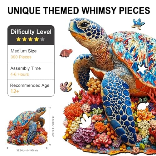 Sea Turtle Wooden Puzzle for Adults 300 Piece, Colorful Coral Turtle Jigsaw Puzzles for Adults, 5MM Unique Animal Shaped Wooden Puzzle, Challenging Ocean Turtle Puzzle for Friend Family Game 14.9*14in - Thumbnail 2