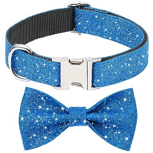 Jumpress Blue Boy Dog Collar with Bow, Bling Male Bowtie Dog Collar for Puppy Small Medium Dogs, Cute Dog Collar for Daily Walking or Holiday Party (Neck fit 11-16’’)