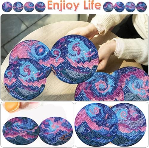 ijbnhd 8 PCS Aurora Diamond Art Coasters Diamond Painting Coasters Kits with Holder Aurora DIY Coaster for Beginners, Adults, Diamond Art Crafts Supplies 4x4 in (Cork Wooden Pad) - Thumbnail 2