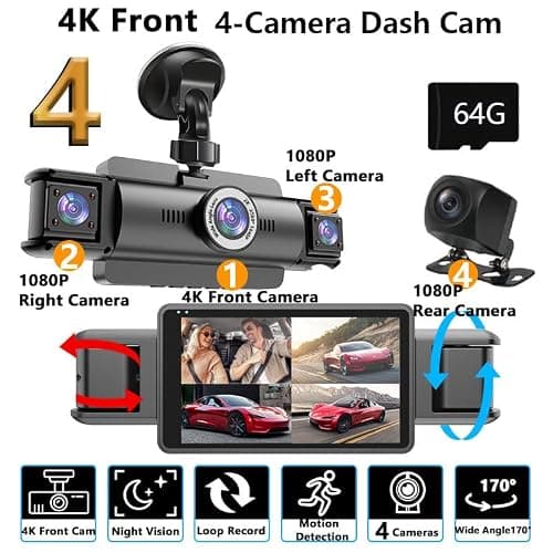 4 Channel 4K Dash Cam Front and Rear Inside, 360° View 1080P Dash Camera for Cars, Super Night Vision, Gravity Sensor, Loop Recording, WDR, 24H Parking Mode, WiFi & APP Control, with 64GB Card - Thumbnail 2