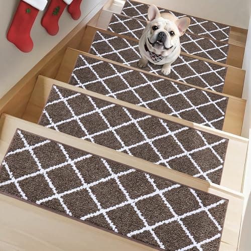 Non-Slip Stair Treads for Wooden Steps Indoor, 15 Pack 9" X 28" Edging Stair Carpet Mat with TPE Backing, 0.4" Thick Stair Runners for Kids Elders & Pets, 100% Polyester Stair Rugs, Brown&White - Image 1