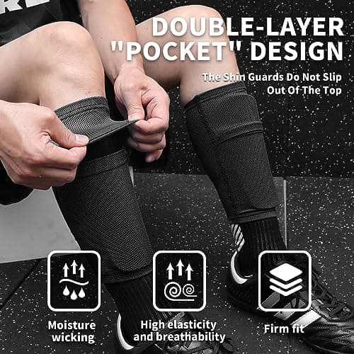 LPONJAR Soccer Shin Guards for Kids Youth Adults - Shin Pads and Sleeves with Optimized Insert Pocket for Boys Girls Men Women for Football Games - Protective Soccer Equipment - Thumbnail 2