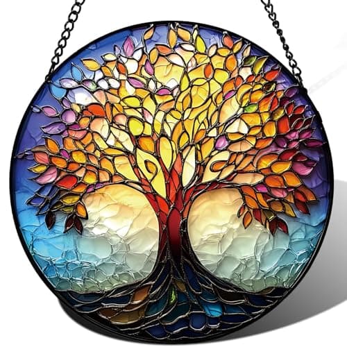 Zizzie Stained Glass Tree of Life Suncatcher - 7.9" Real Glass Chakra Gradient Window Hanging, Weatherproof Spiritual Zen Decor, Healing Energy for Women Mom - Image 1