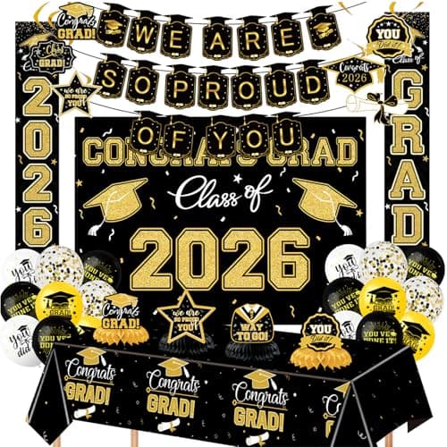 Graduation Decorations 2026 Themed Set - All-in-One Party Supplies with Backdrop & Tablecloth, Congrats Grad Banner for High School College Class of 2026 Decor - Image 1