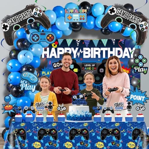Video Game Party Decorations Set – 75Pcs Gamer Birthday Supplies with Gaming Backdrop, Hanging Swirls, Table Cover, Controller Foil Balloons，Cake Toppers for Game Night, Room Decor - Thumbnail 3