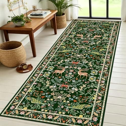 Lunasun Green Washable Floral 2x6 Runner Rug for Hallway- Stain Resistant Kitchen Runners, Botanical & Animal Indoor Floor Mat for Bathroom, Soft Non Slip with Rubber Backed - Image 1