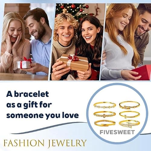 Pack of 6 - Gold Bracelet Bangles Bulk Set for Women,Trendy Stackable, Zinc Alloy Rivet & Four-Leaf Clover Design Stackable Bangles with Rhinestones, 7-inch Circumference Fits Most Adults, Jewelry Gift for Her, Girlfriend, Wife, Mom, Sister, Lover on Birthday, Christmas, Valentine's Day, Mother's Day - Thumbnail 5