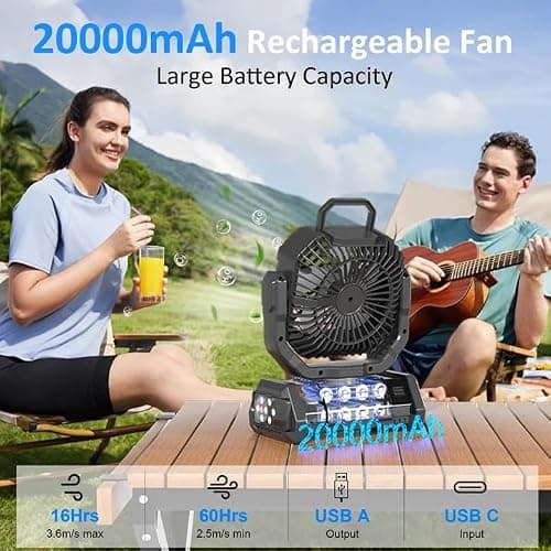 Portable Fan Rechargeable, 20000mAh Cordless Battery Powered Camping Fan with LED Light & Remote, 4 Speeds Wind, Timer, USB C, Hanging Hook, Oscillating Fans for Travel Tent, Camping Essentials - Thumbnail 2