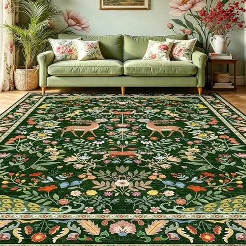 Lunasun Green 5x7 Area Rug for Living Room - Cottage Core Rug for Bedroom, Dining Room, Kids Playroom, Home Office, Floral Washable Non Slip Floor Décor