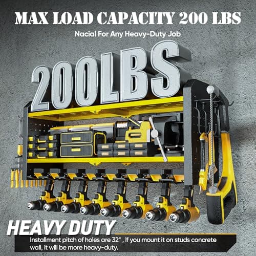 Nacial Power Tool Organizer Wall Mount, 8 Drill Holder Wall Mount with 3 Layer Cordless Tool Organizer, Heavy Duty Tools Organizer with 12 Hooks, Power Tool Storage for Garage Organization, Yellow - Thumbnail 4