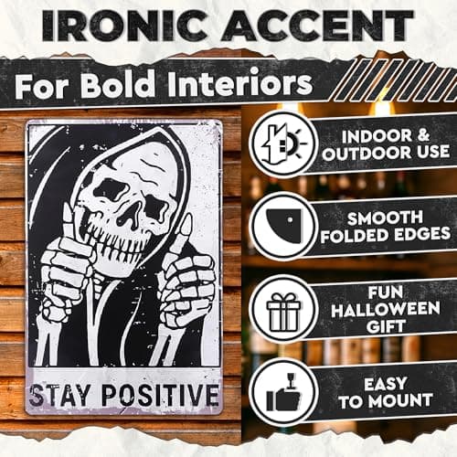 Halloween Skull Decor for Home – Stay Positive Tin Signs Vintage Style 8×12 Inch – Easy to Hang Halloween Wall Decor, Funny Metal Signs for Bedroom, Living Room, Garage, Office – Indoor/Outdoor Use - Thumbnail 4