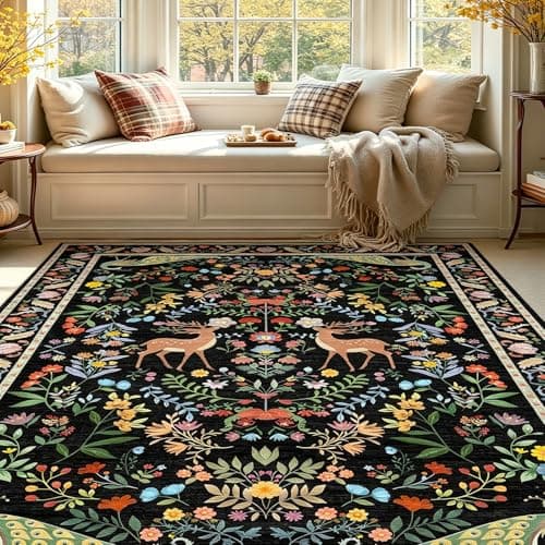5x7 Black Washable Rug for Living Room - Foyer Rugs for Entryway, Bedroom, Home Office, Floral Indoor Décor - Thumbnail 3