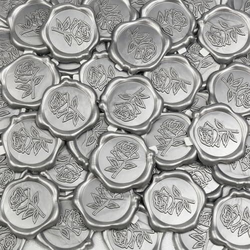 Pilloze 50 Pcs Silvery Wax Seal Stickers - Rose Style, Self Adhesive Wax Seal for Wedding Invitation, Easy Use Good Adhesion, Silvery Rose Envelope Stickers Perfect for Invitation or Seating Chart - Image 1
