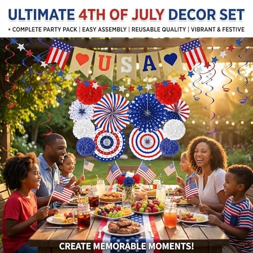 4th of July Decorations - 26 PCS Patriotic USA Banner Star Streamer Paper Fans Hanging Swirls Pompoms Set for Memorial Day | 250th Anniversary America Merchandise Accessories for Indoor Outdoor Home - Thumbnail 6