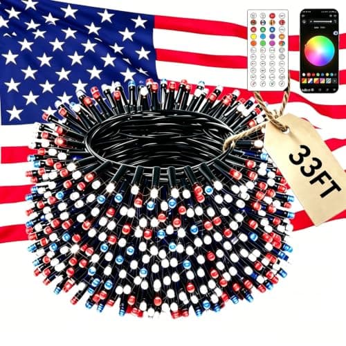 Ecoeve Red White and Blue Lights, 33FT 66 LED 4th of July RGB+IC String Lights Outdoor, Smart App-Controlled 100+ Scene Modes Color Patriotic Light for Indoor Independence Memorial Day Party Holiday