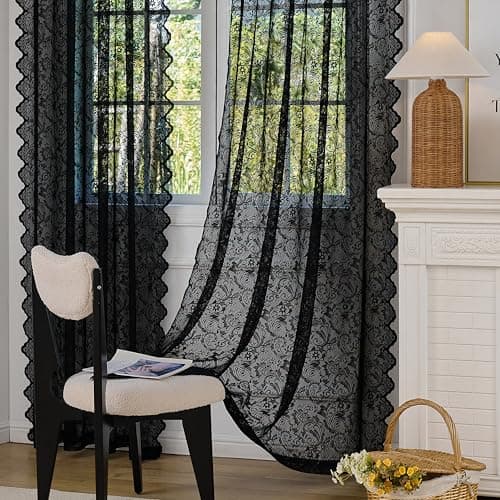 Draphelle 2 Panels Vintage Lace Black Curtains 54x90 inches Long, Romantic Semi Sheer Floral Lacy Curtains for Living Room, Elegant Window Drapes for Bedroom