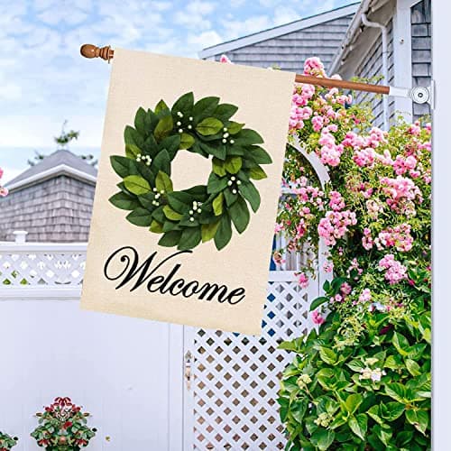 Baccessor Spring House Flag Wreath Garden Flag Magnolia Leaves Welcome Large Yard Flag 28 x 40 Inch Double Sided Burlap Summer Outside Decor - Thumbnail 2
