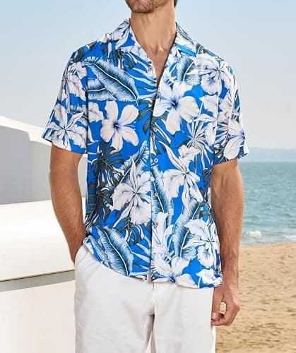 Damipow Hawaiian Shirt for Men Short Sleeve Beach Vacation Shirt Floral Summer Casual Button Down Shirts,Blue Flower,5XL - Thumbnail 2