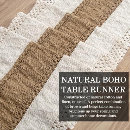 yuboo Boho Coffee Table Runner 48 Inch, Spring Farmhouse Burlap Dresser Runner Scarf, Rustic Macrame Runner for Round Table, TV Stand, Entryway Console, Neutral Easter Decor - Thumbnail 3