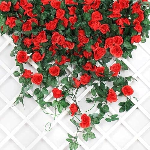 niuniufine 50FT Artificial Flowers Garlands Red 6PCS Silk Rose Hanging Vine with Green Leaves for Wedding Arch Party Christmas Home Decoration Flowers Arrangement - Thumbnail 4