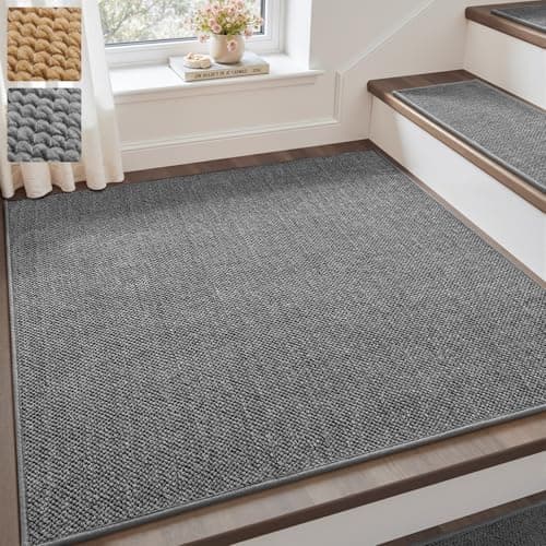 PADOOR Tufted Stair Landing Rug Non Slip Indoor, Peel and Stick Stair Treads for Wooden Steps, Square Stair Landing Mat Washable, Soft Carpet Stair Treads Reusable for Kids Pets Elders, 31"x31" Grey - Image 1