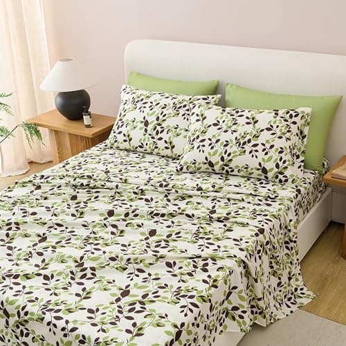 Twin Size Bed Sheets Set Deep Pockets - 6PC Floral Ultra Soft Microfiber Bed Sheets - Easy to Clean, 90 Thread Count Sheets Includes 1 Fitted, 1 Flat, 2 Pillowcases (Beige/Green Leaves) - Thumbnail 3