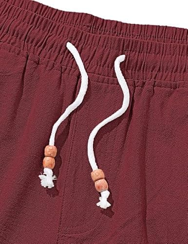 AUSELILY MEN Men's Cotton Linen Shorts 9 inch Drawstring Casual Elastic Waist Mens Summer Beach Vacation Shorts Big and Tall with Pockets Wine Red M - Thumbnail 5