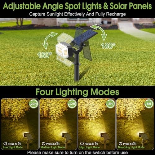 WENATY 102 LED Solar Spot Lights Outdoor Waterproof IP65, Adjustable Landscape Spotlights, [8 Pack/4 Modes] Auto On/Off Solar Powered Flood Lights for Outside Yard Garden Wall Pathway (Warm White) - Thumbnail 4
