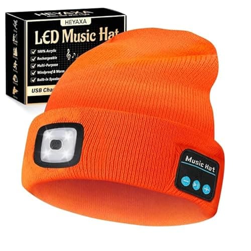 HEYAXA Bluetooth Beanie Hat, USB Rechargeable 4 LED Wireless Music Running Headlamp Cap, Fathers Day Dad Gifts for Husband, Dad, Birthday Gifts for Men, Dad, Father, Women, Him, Her, Orange - Image 1