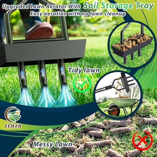 EEIEER Manual Lawn Aerator Tool with Soil Storage Basket - 2025 Upgraded Aerator Lawn Tool, 3 Tines Yard Aerators with Cleaning Tool, 38’’ Ergonomic Aeration Tools for Compacted Soil & Lawn Care - Thumbnail 2
