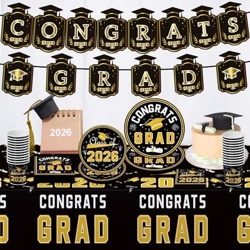 OHOME Graduation Decorations 2026 - Graduation Decorations Class of 2026 - Serve 24 - Black Plates Tablecloth Napkins Cups Banner - Graduation Party Favors Supplies - Thumbnail 3