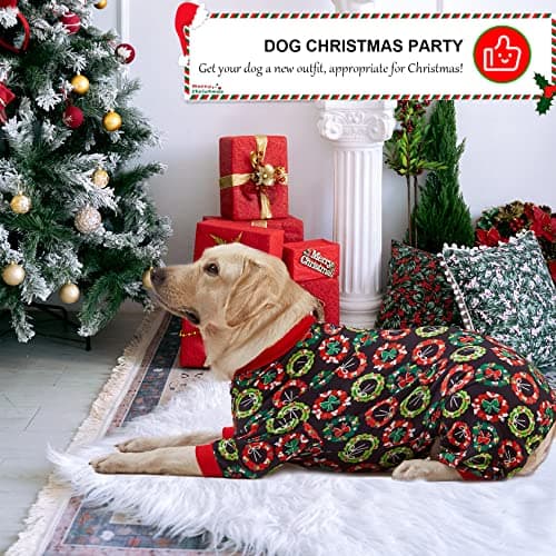 LovinPet Dog Christmas Onesies for Large Dogs, Xmas Holiday Dog Costume,Long Sleeve Lightweight Pullover, Joy Holiday Wreaths Black Prints, Pjs for Dogs, Pitbull Clothes, Christmas Outfit, XL - Thumbnail 6