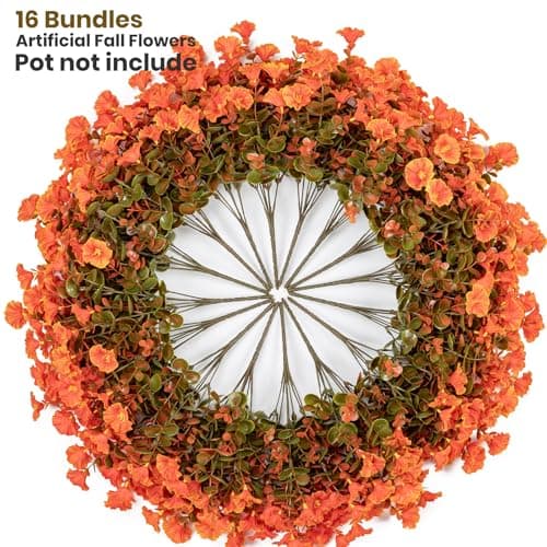 Nigirior Artificial Fake Mums for Outdoor 16 Bundles Fall Orange Morning Glory for Halloween Decorations - Thumbnail 4