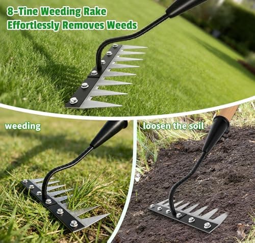ATLRGISL Iron Weed Rake with Wooden Long Handle, 8 Teeth Weed Puller Tool Heavy Duty, Manual Gardenia Weeding Rake Tool for Yard, Lawn and Garden, 56Inch - Thumbnail 5