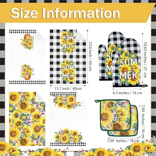Vetoxka 8 PCS Bee Sunflower Kitchen Decor and Accessories - Bright Summer 4 Dish Towels, 2 Plaid Oven Mitts and Pot Holders Sets for Home Decoration Farmhome Cook Bake Mom Daughter Housewarming Gifts - Thumbnail 3