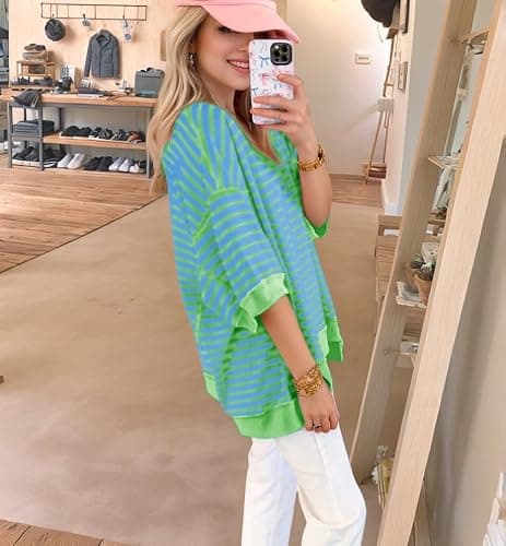 XINWEIZZ Oversized T Shirts for Women Casual Short Sleeve Striped Knit Shirt Crewneck Sweatshirts High Low Loose Blouse Tops - Thumbnail 3