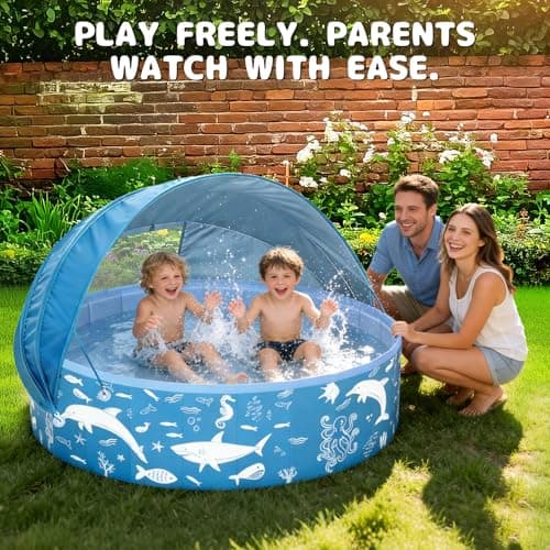 63” Extra Large Kiddie Pool with Canopy, EPN UPF 50+ Sun Shade Baby Pool, No Inflation Foldable Toddler Pool for Backyard Outdoor & Beach, Portable Thickened PVC BPA-Free Kids Water Play Pool, Blue - Thumbnail 4