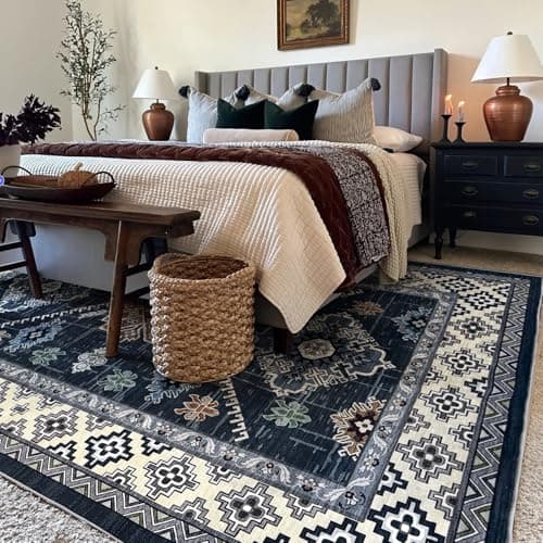 Boho Washable Area Rug 5x7, Large Soft Rugs for Living Room Farmhouse Vintage Blue Carpet 5x7 Area Rugs for Bedroom Dining Room Non-Slip Stain Resistant Under Table Rug - Thumbnail 2