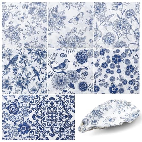 16 Pcs 8 Styles Decoupage Napkins, Blue and White Floral Paper Napkins Chinoiserie Decorative Cocktail Napkin Pretty Printed Cocktail Paper for DIY Crafting Furniture Decor Birthday Party Baby Shower - Image 1