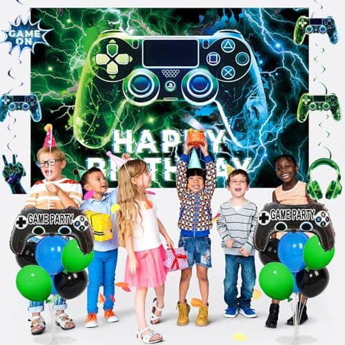 Video Game Party Decorations Set – 77Pcs Gamer Birthday Supplies with Backdrop, Table Cover, Hanging Swirls, Cake Toppers, Foil Balloons for Boys & Kids Party - Thumbnail 5