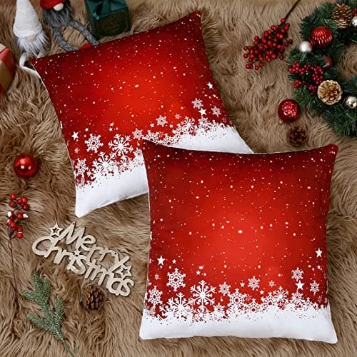 CAROMIO Christmas Throw Pillow Covers 18x18, Red Velvet Throw Pillows Set of 2, Floral Snowflake Pillow Covers for Couch Home Decoration (18 x 18 Inch, 2 Pack) - Thumbnail 2