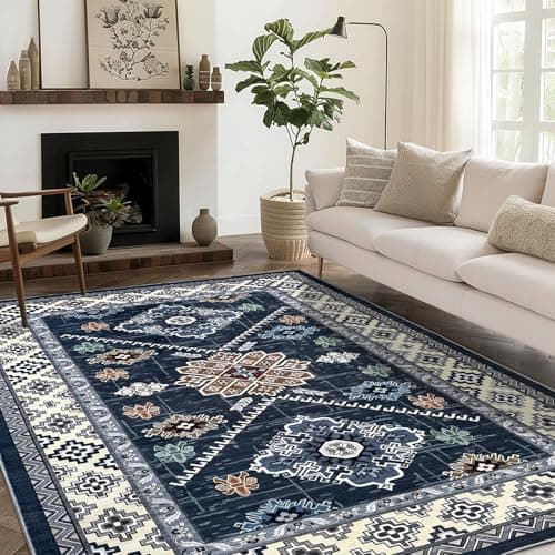 Boho Washable Area Rug 5x7, Large Soft Rugs for Living Room Farmhouse Vintage Blue Carpet 5x7 Area Rugs for Bedroom Dining Room Non-Slip Stain Resistant Under Table Rug - Thumbnail 4