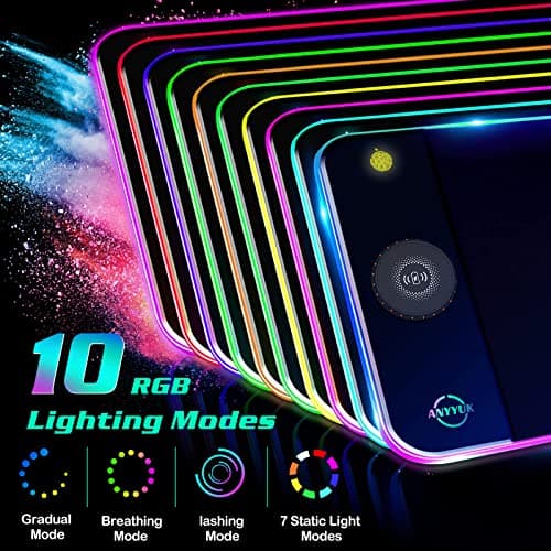 RGB LED Mouse Pad with 15W Wireless Charger Gaming Mouse Pad with 10 Light Modes, Extra Large Mousepad Non-Slip Rubber Base Computer Keyboard Mat for Men - Thumbnail 4