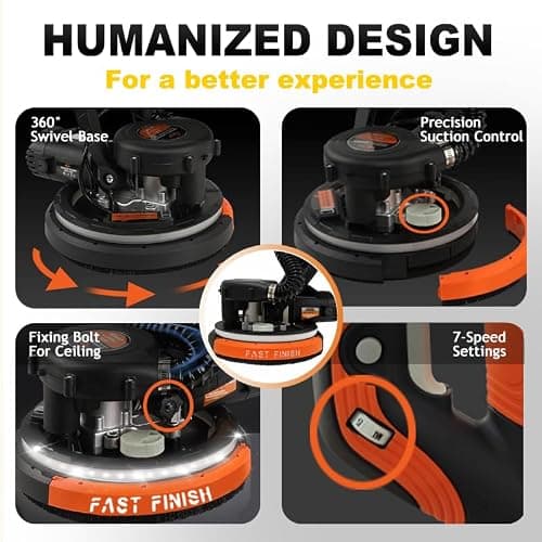 CUBEWAY Electric Drywall Sander with Vacuum Dust Collection, 780W Powerful 7-Speed Popcorn Ceiling Removal Tool with LED Light for Dust-Free Sanding on Walls, Ceilings, Floors - Thumbnail 3