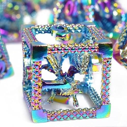 RULE DICE 7pcs Captive Magic Dragon Metal D& D Dice Set, Unique Design, Fantastical Hollow Polyhedral DND Metal Dice, Suitable for Role Playing Games Dungeons and Dragons D&D Dice Set (Rainbow) - Image 1