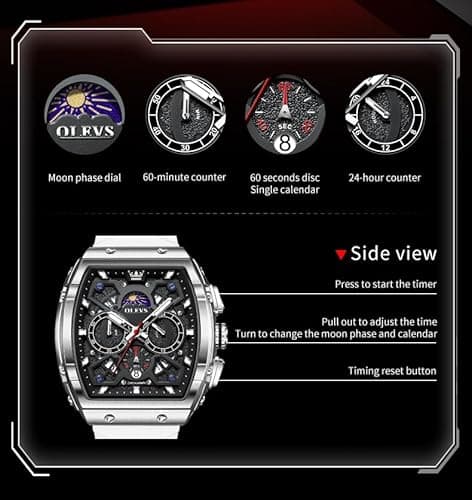 OLEVS Mens Dress Watch 3ATM Waterproof 20cm White Silicone Strap with Black Face Watch for Men Classic Quartz Chronograph SquareTonneau Fashion Men Wrist Watches 98g Lightweigh Ideal Present for Men - Thumbnail 6