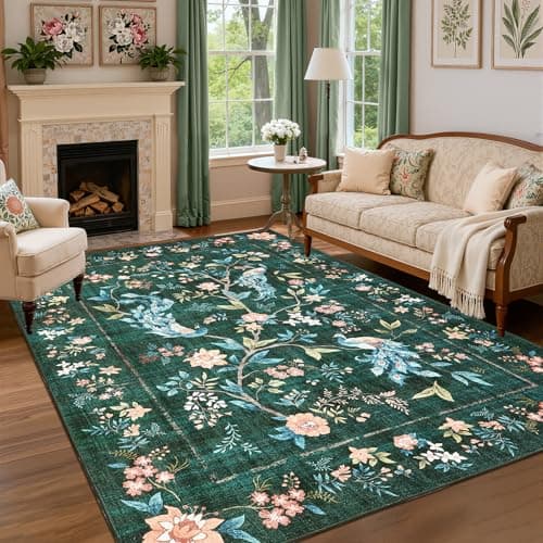 GarveeHome 5x7 Area Rug Dark Green Washable Rugs for Living Room Bedroom, Soft Low Pile Non Slip Accent Floor Mat Floral Peacock Animal Print Throw Rug Indoor Carpet Dining Room Playroom - Thumbnail 2